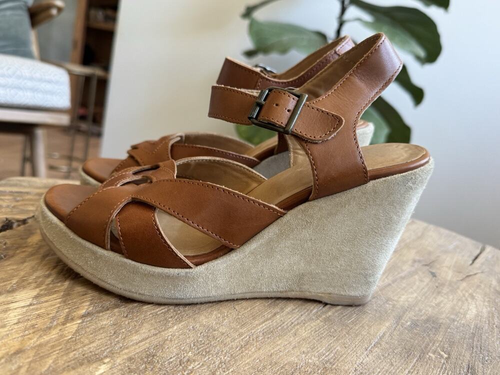 A.P.C Rue Madame Paris Judith Wedge Sandals Tan Leather 38 7.5 Strappy